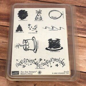 2002 STAMPIN' UP! SKETCH A PARTY WOOD MOUNTED RUBBER STAMP SET OF 9 BIRTHDAY